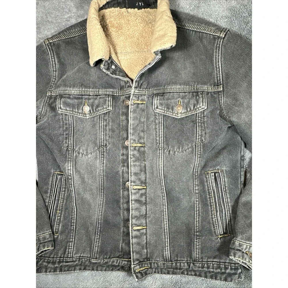 JYG Sherpa Lined Denim Trucker Jacket Gray Washed Button Front Men‎ L